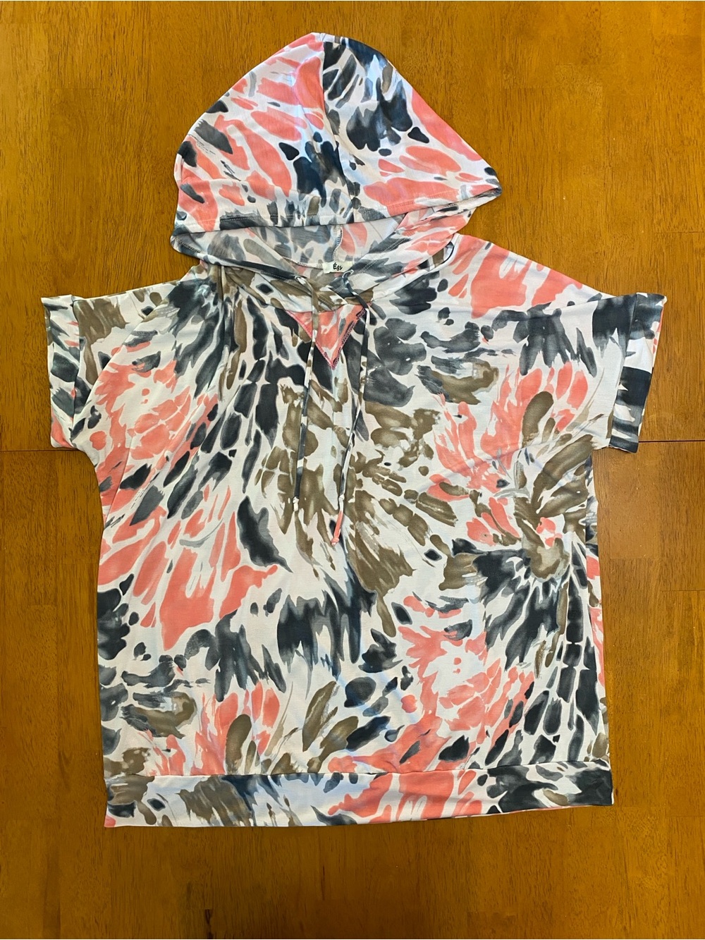 ÉGS  Hooded Short Sleeve Top - Watercolor Coral, Gray, and White; Sz 1X